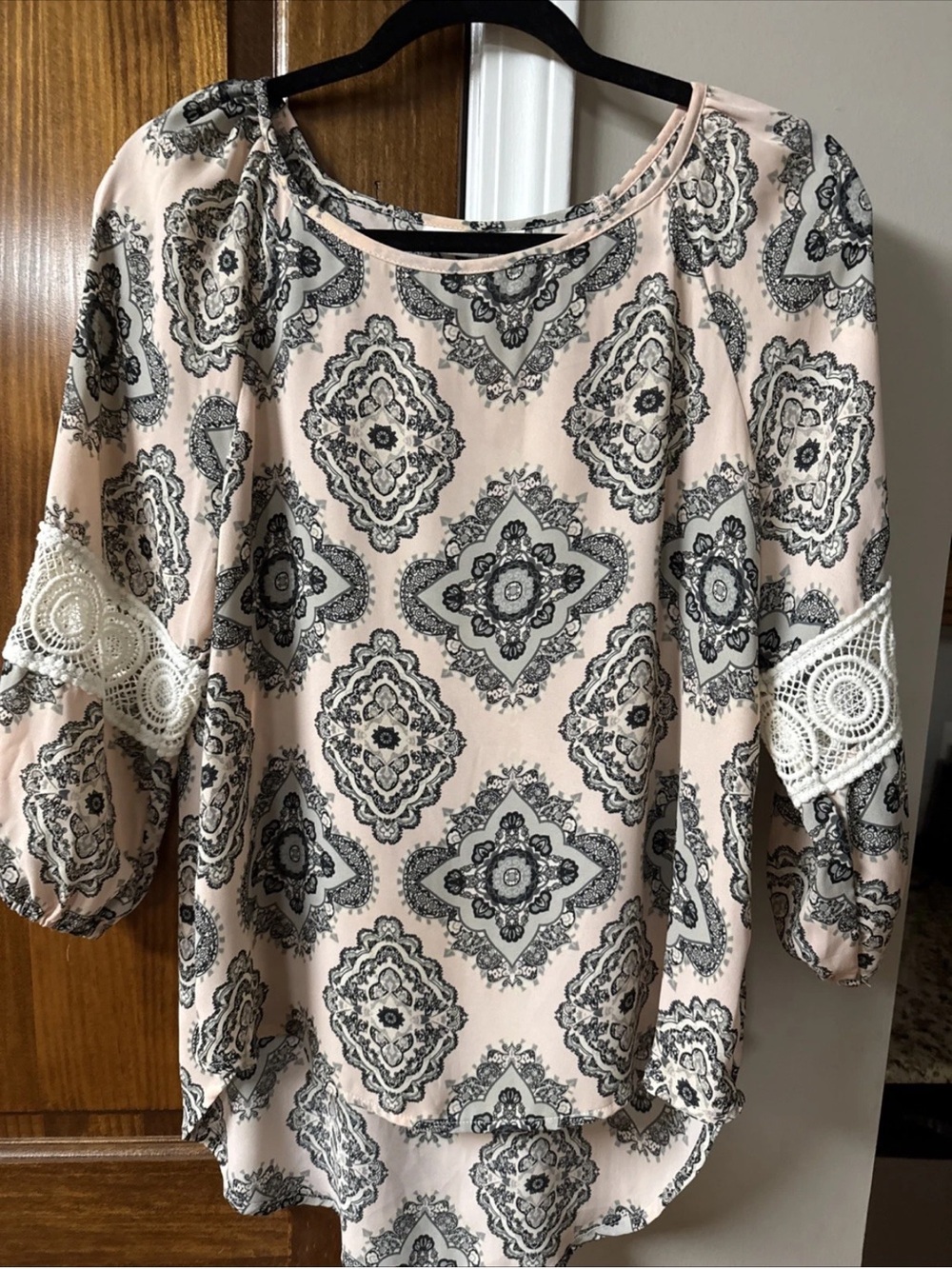 Women's Pink Printed Blouse with Lace Trim